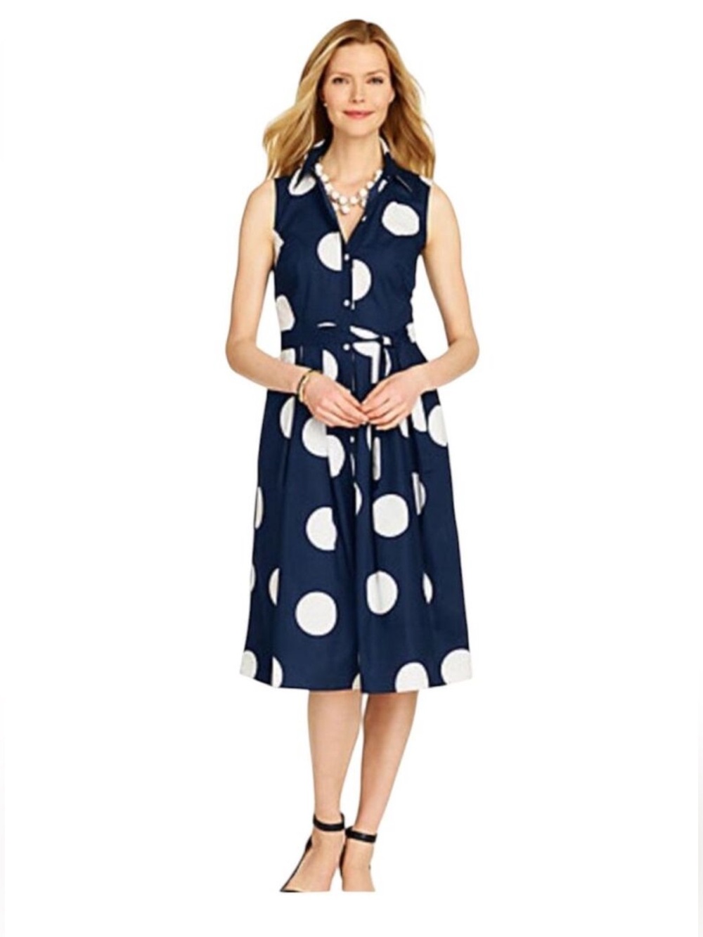 Talbots Navy and White Polka Dot Sleeveless Midi Dress 10